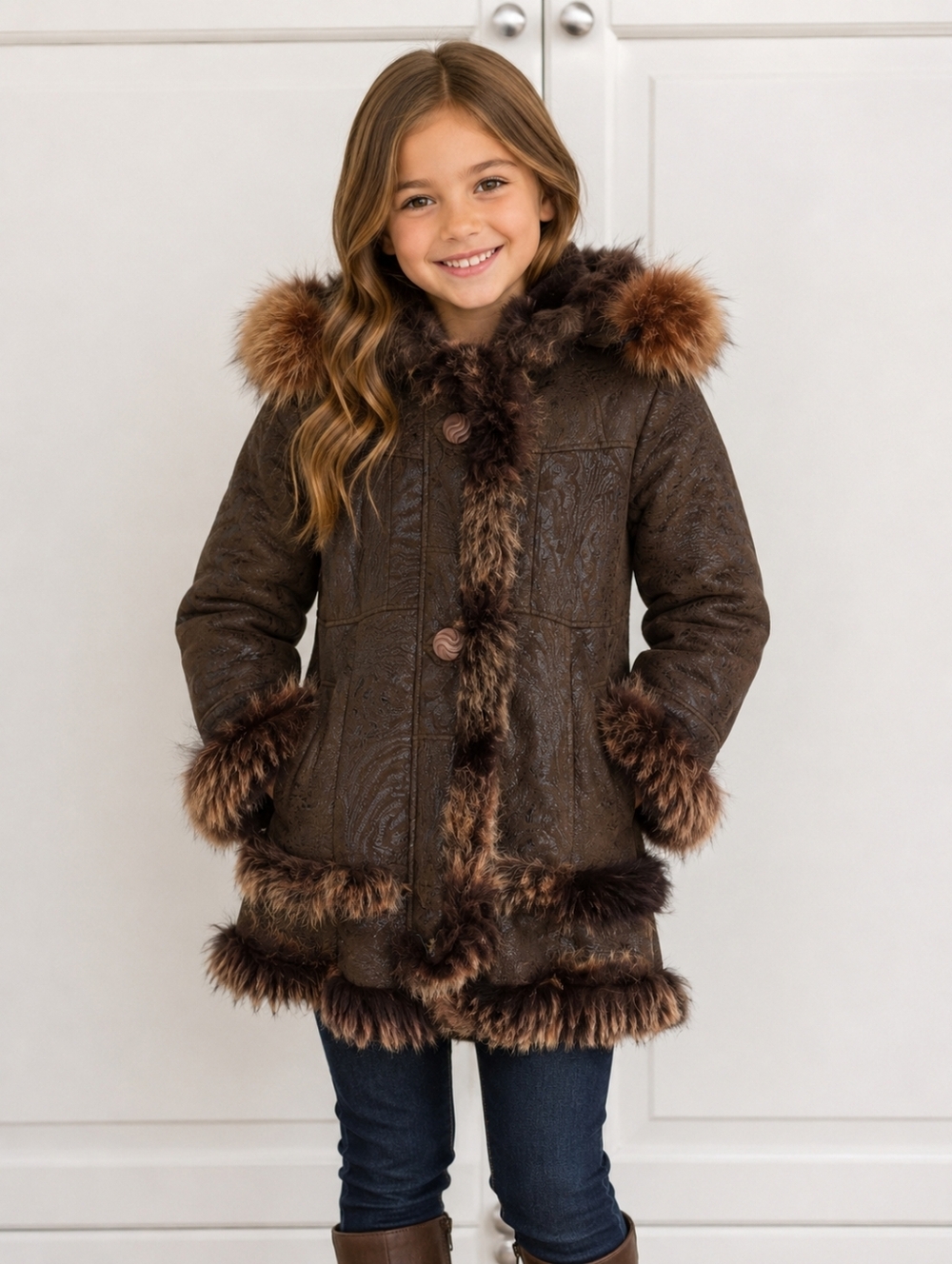 Girls Brown Shearling Leather Suede Coat 6-8 Fur Lined Winter Jacket Textured
